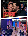 compilação (dublador do Kal-El / Clark Kent / Superman, Diego Lima com um fã segurando uma aumofada e outra dublador do Kal-El / Clark Kent / Superman, Diego Lima junto com ô elenco original e diretor do filme James Gunn.)